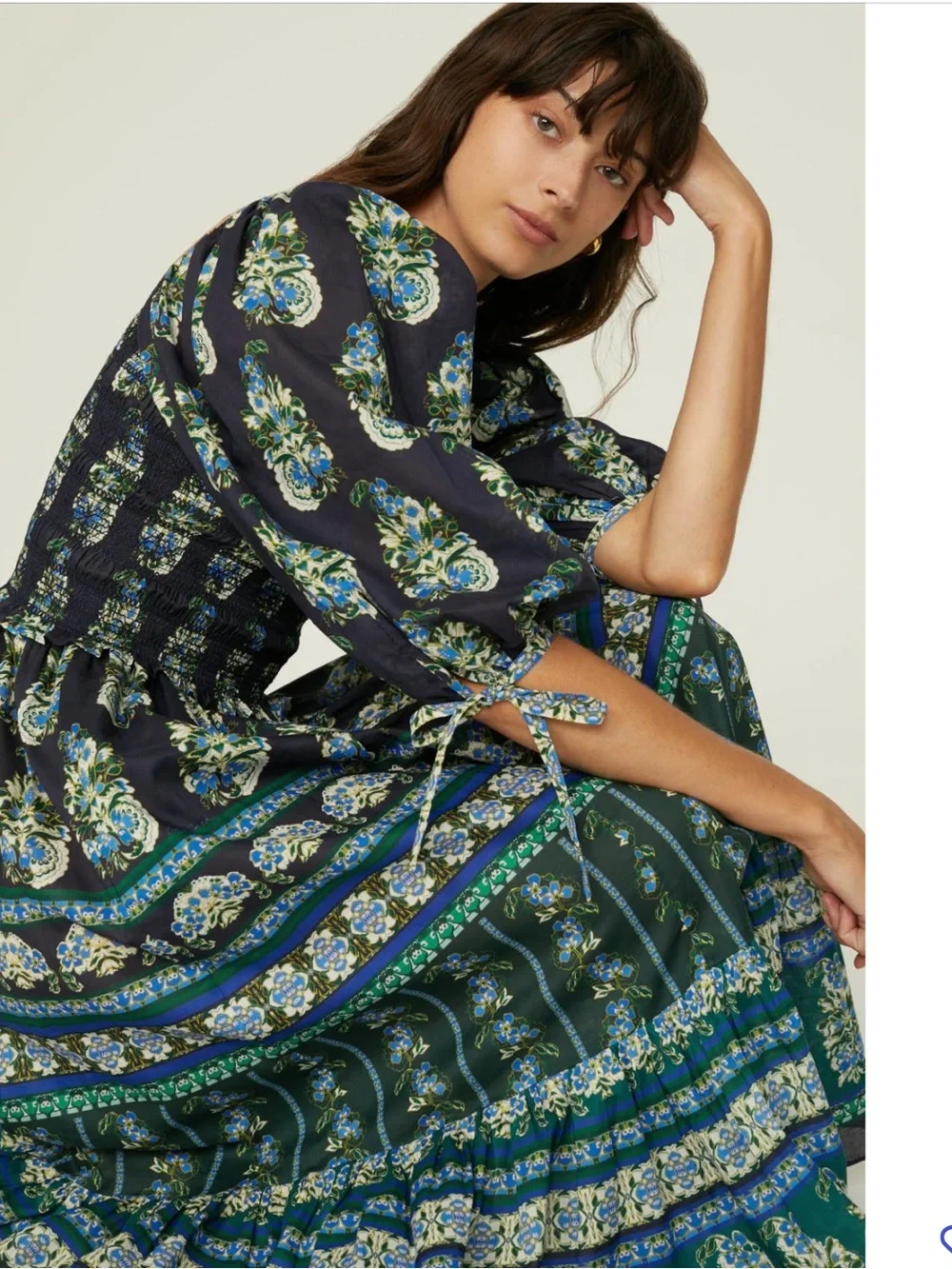 Cara Cara Jazzy Floral Smocked Midi Dress - Navy & Green Small - Picture 3 of 6